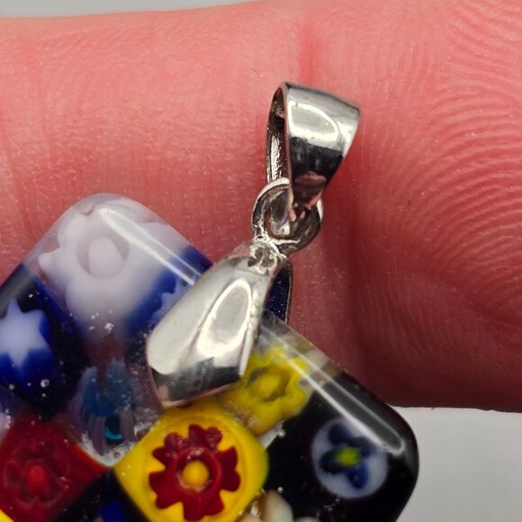 Murano Millefiori Glass Pendant 1.75x.75" Multicolored Floral Mosaic 18k GP Bail - Picture 3 of 7